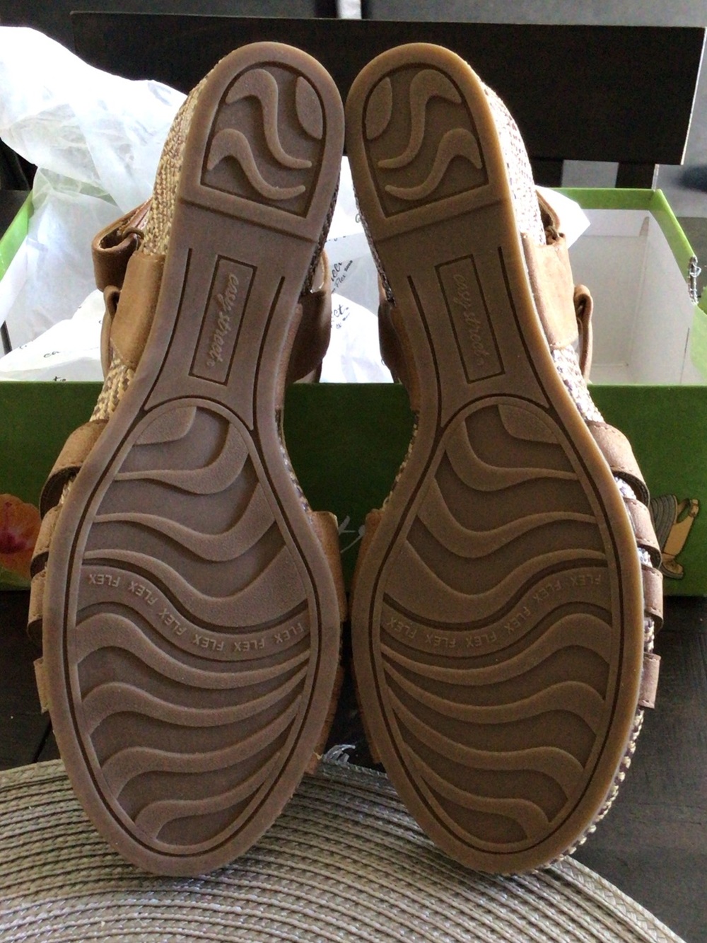 easy street Tan Multi-Strap Women's Wedge Sandals 9 1/2 W - Picture 5 of 7